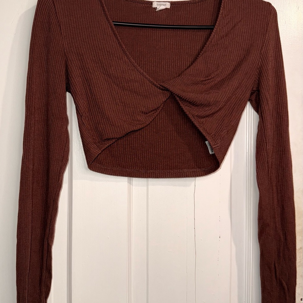 Garage Chocolate Ribbed V-Neck Crop Top
